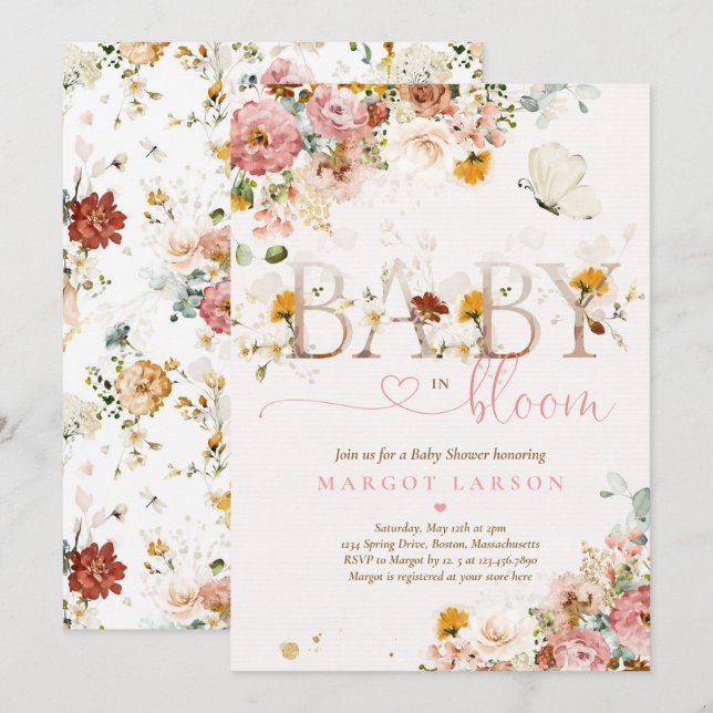 Invitation Baby shower Fleur sauvage Baby In Bloom Spring (Devant / Derrière)