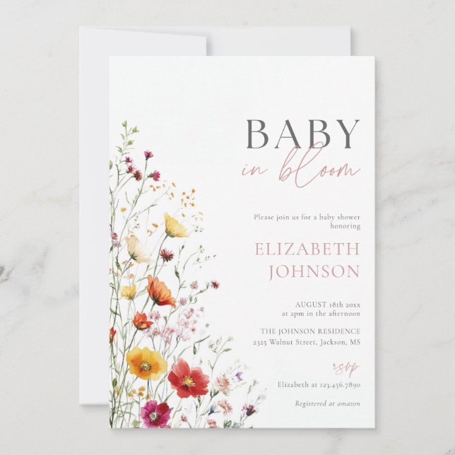 Invitation Baby shower Fleur sauvage bébé en fleur Photo QR C (Devant)