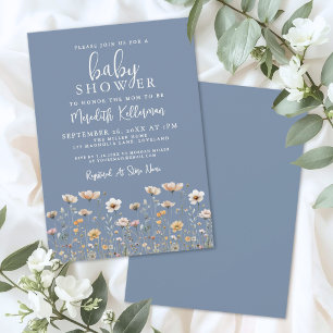 Invitation Baby Shower Fleur Sauvage Bleu Poussiéreux