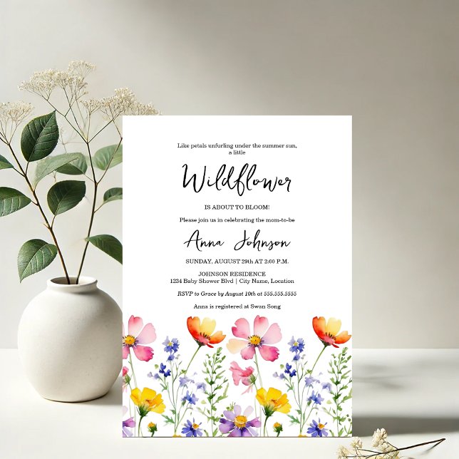 Invitation Baby shower fleur sauvage Bloom (Elegant blooming watercolor baby shower invitation front view)