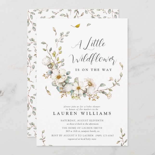 Invitation Baby shower fleur sauvage Boho (Devant / Derrière)