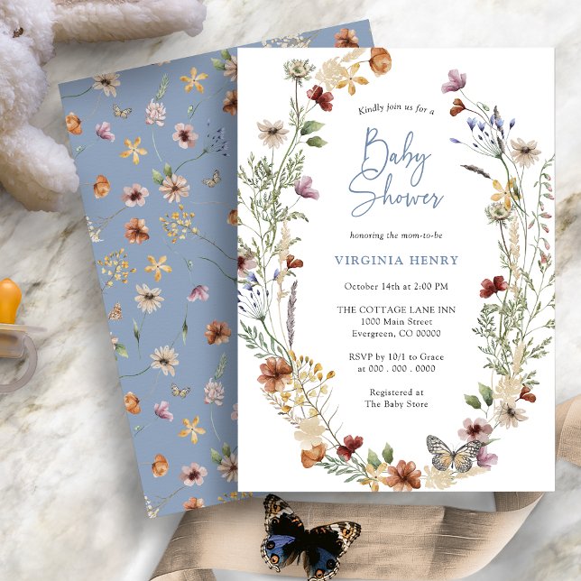 Invitation Baby shower Fleur sauvage Boho bleu (Dusty Blue Boho Wildflower Baby Shower Invitation with Butterfly by Painted Paperie
)