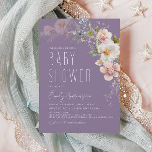 Invitation Baby shower Fleur sauvage Boho violet Élégant