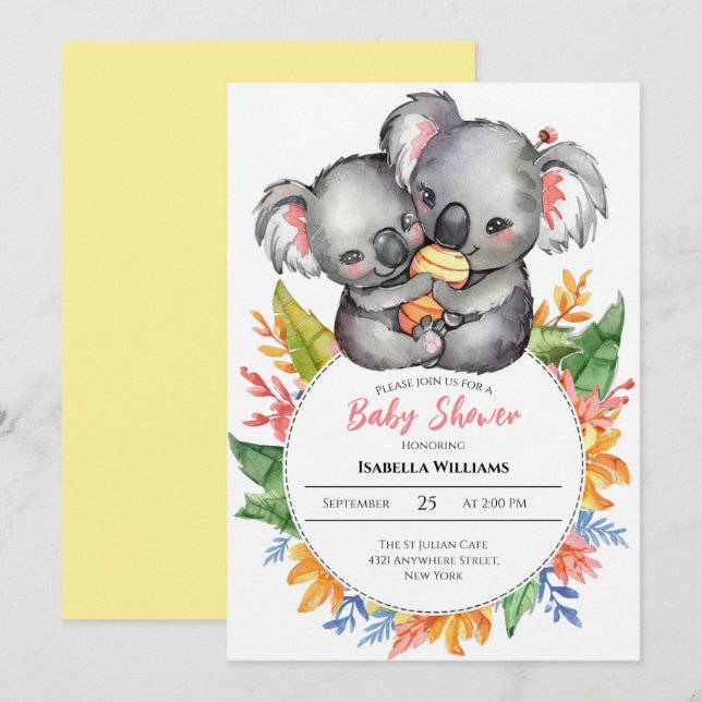 Invitation Baby shower Fleur sauvage de Cute Koalas (Devant / Derrière)