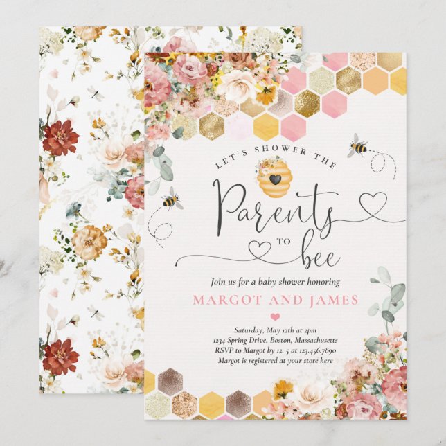 Invitation Baby shower Fleur sauvage des parents d'être Boho  (Devant / Derrière)