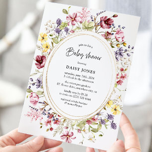 Invitation Baby-Shower Fleur Sauvage et Ovale Doré