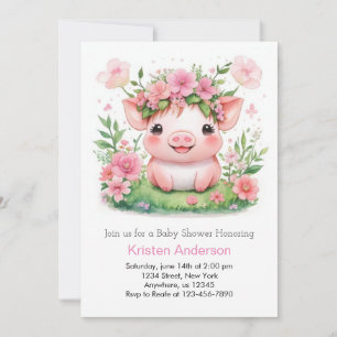 Invitation Baby shower fleur sauvage Farmyard Piglet Girl