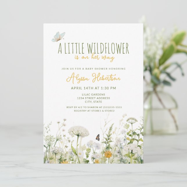 Invitation Baby shower fleur sauvage fille (Debout devant)