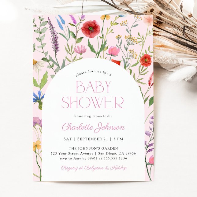Invitation Baby shower fleur sauvage fille rose (Wildflower Pink Girl Baby Shower Invitation)