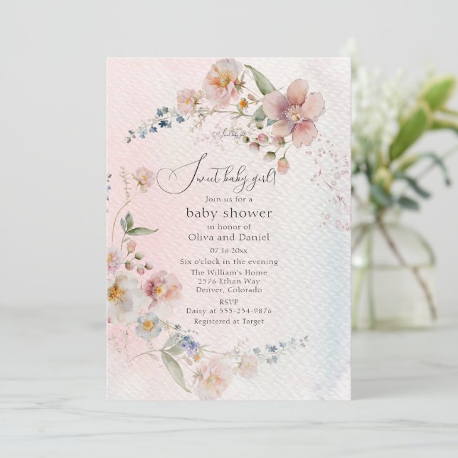 Invitation Baby shower Fleur sauvage florissant (Debout devant)