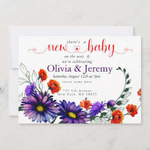 Invitation Baby shower Fleur sauvage orange vibre et violet