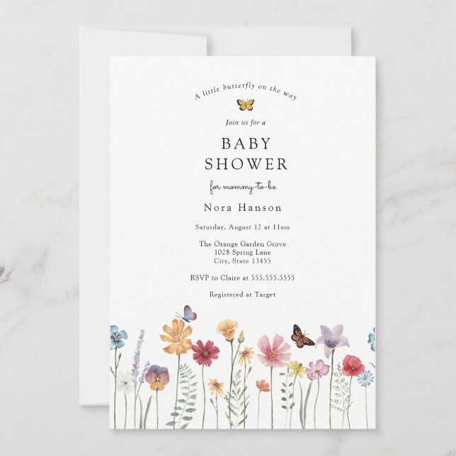 Invitation Baby shower Fleur sauvage papillon et florissant (Devant)