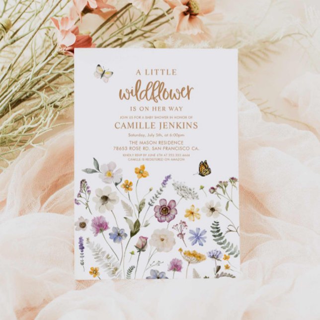 Invitation Baby shower fleur sauvage papillon fille ( A little Wildflower and Butterfly Girl baby shower invitation)