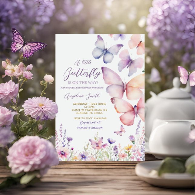 Invitation Baby shower Fleur sauvage papillon fille violet (Créateur téléchargé)
