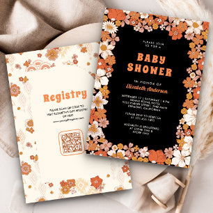 Invitation Baby Shower Fleur Sauvage Rétro Groovy Orange Noir