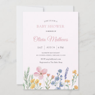 Invitation Baby Shower Fleur Sauvage Rose Aquarelle