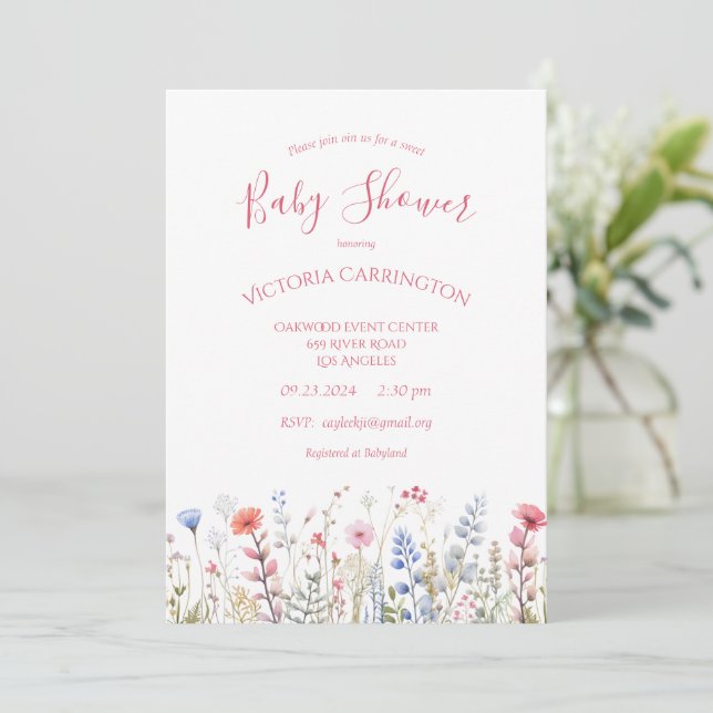 Invitation Baby shower fleur sauvage rose d'aquarelle (Debout devant)