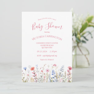 Invitation Baby shower fleur sauvage rose d'aquarelle