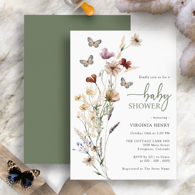 Invitation Baby shower Fleur sauvage Sage Papillon (Boho Wildflower Butterfly Sage Green Baby Shower Invitation )