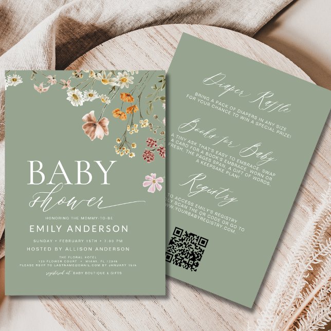 Invitation Baby shower Fleur sauvage vert QR Code Sage (Créateur téléchargé)