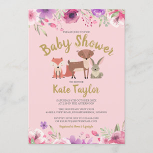 Invitation Baby Shower Fleur Verte Animaux Forestiers Floral 