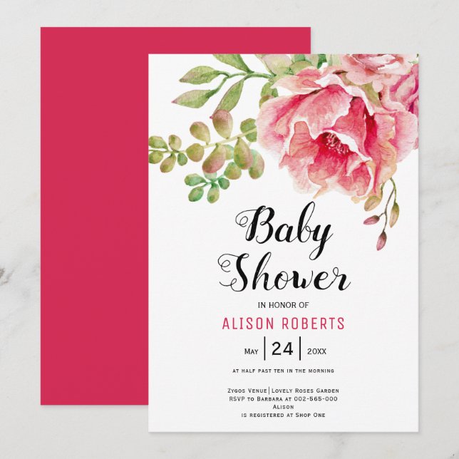Invitation Baby shower fleuri à l'aquarelle rose chaud (Devant / Derrière)