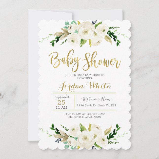 Invitation Baby shower fleuri blanc (Devant)