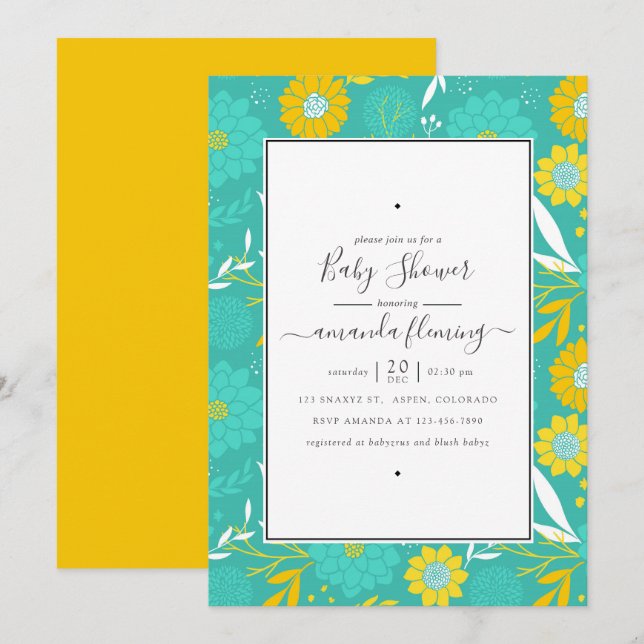 Invitation Baby shower fleuri jaune et Turquoise (Devant / Derrière)
