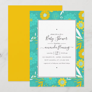Invitation Baby shower fleuri jaune et Turquoise