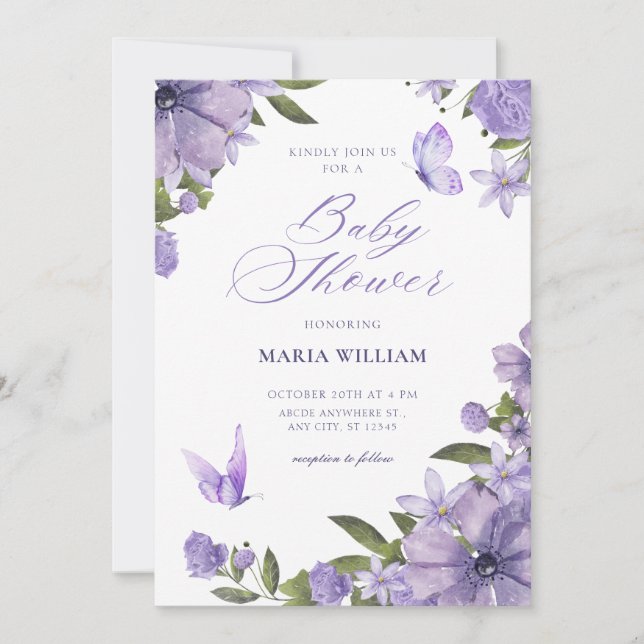 Invitation Baby shower fleuri pourpre (Devant)