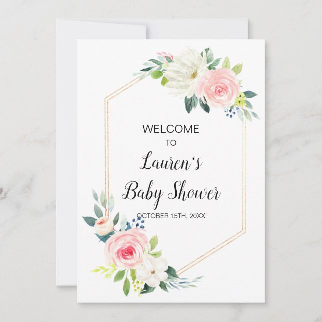 Invitation Baby shower fleuri rose boho bienvenu (Devant)