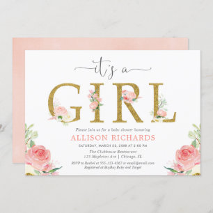 Invitation baby shower fleuri rose et or, c'est une fille