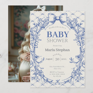 Invitation baby shower fleuri vintage Coquette Blue Bow