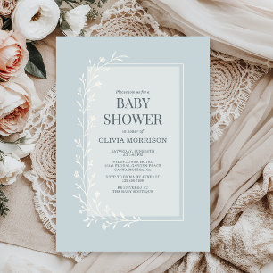 Invitation Baby-Shower Fleurie Botanique Bleu Poussiéreux