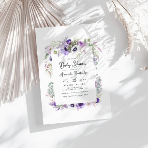 Invitation Baby Shower Fleuris Aquarelle Violet Pastel Poussi