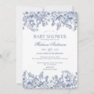 Invitation Baby Shower Fleuris Bleu Chinoiserie Vintage