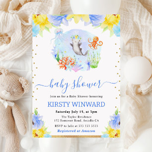 Invitation Baby Shower Fleurs Aquarelle Animaux Sous-Marins