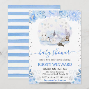 Invitation Baby Shower Fleurs Aquarelles Animaux Arctiques