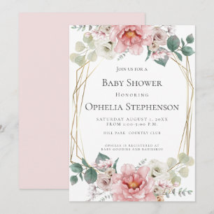 Invitation Baby shower Fleurs Aquarelles Bleues Jolies Rose