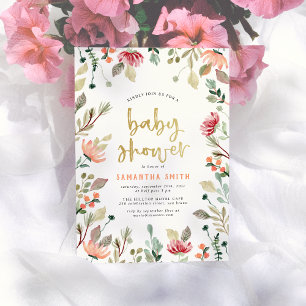 Invitation Baby-Shower Fleurs Aquarelles & Lettres Dorées