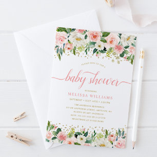 Invitation Baby Shower Fleurs Aquarelles Roses Paillettes Dor