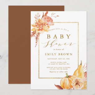 Invitation Baby Shower Fleurs Aquarelles Rustiques Or Automne