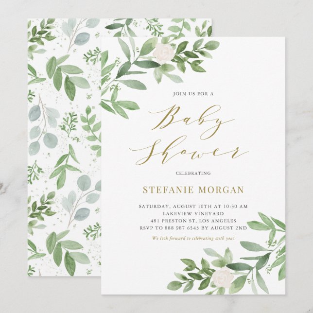 Invitation Baby Shower Fleurs Blanches et Feuillage à l'Aquar (Devant / Derrière)