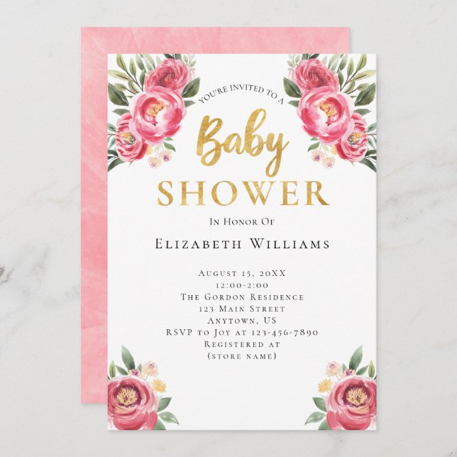 Invitation Baby shower Fleurs d'aquarelle Fille Pink Peonies (Devant / Derrière)