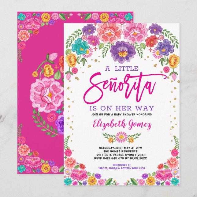 Invitation Baby shower Fleurs de Fiesta Little Senorita (Devant / Derrière)