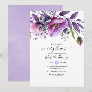 Invitation Baby Shower Fleurs de Pavot Violet Pastel