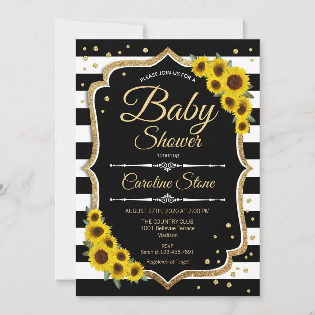 Invitation Baby shower - Fleurs de soleil Blancs noirs (Devant)
