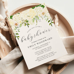 Invitation Baby Shower Fleurs de verdure crème ivoire aquarel
