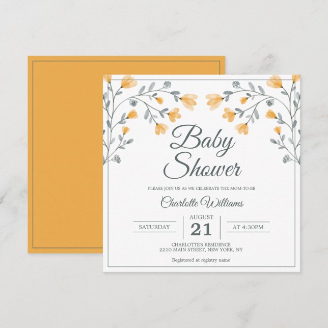 Invitation Baby shower Fleurs délicates Orange Sage Vert (Devant / Derrière)