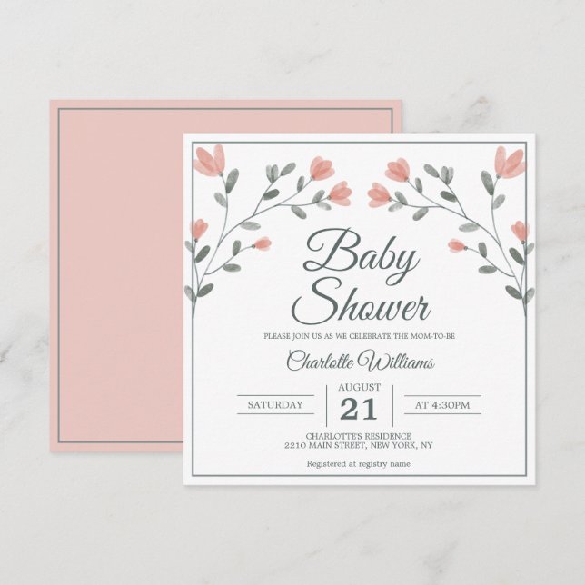 Invitation Baby shower Fleurs délicates Rose & Sage Vert (Devant / Derrière)